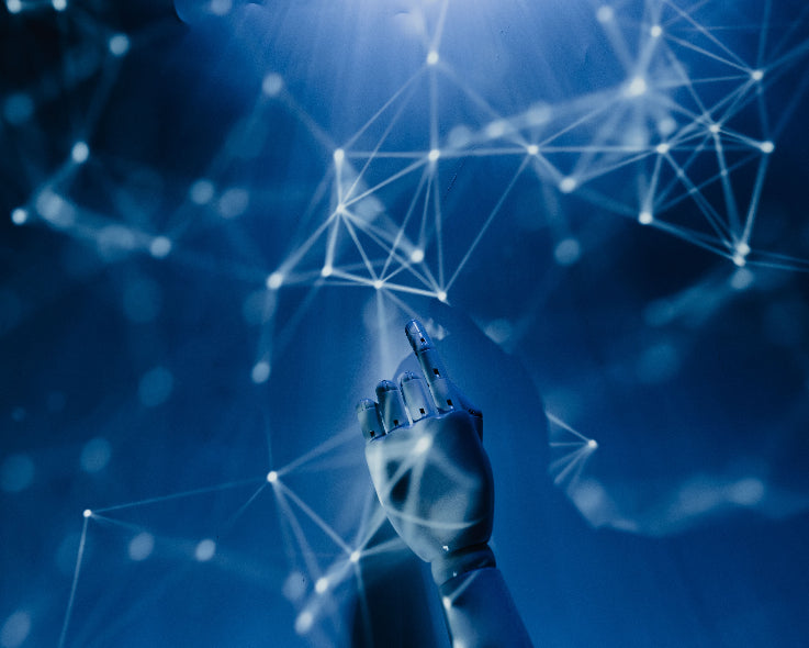 Robot hand interacting with a network of dots and lines on a blue background