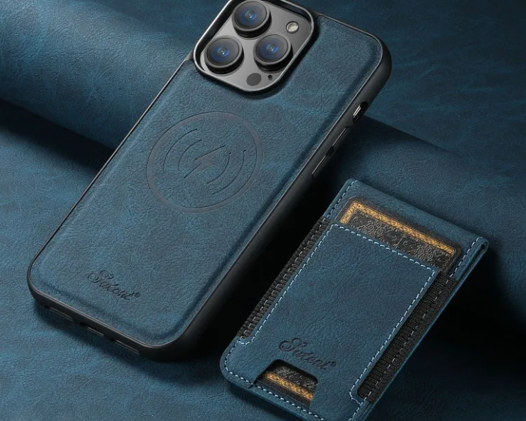 Blue phone case with card holder on a dark blue background